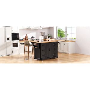 Isola da Cucina K K da 56 Pollici con 4 Ripiani, Presa di Corrente, Strisce Verticali in Rilievo, Piano Ribaltabile in Impiallacciatura di Legno di Gomma - Product Image 5