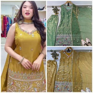 Yellow & Green Silk <b>Embroidered</b> Traditional Indian Wedding Dupatta Set Women's Ethnic <b>Shawl</b> Floral Pattern Spring Summer Wear - Product Image 6