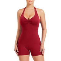 Combinaison moulante à col halter froncé pour femme, une pièce, col en V, avec soutien-gorge rembourré pour le fitness et la gym