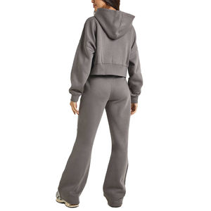 Women's <b>Cropped</b> <b>Zip</b> <b>Up</b> Hoodie & Ultra Wide Leg Sweatpants 2-Piece Matching Sets Wholesale Custom Logo Cotton Fleece Casualwear - Product Image 3