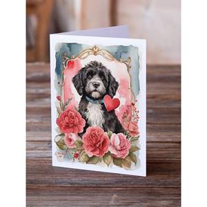 Whimsical A7 tamaño 5x7 Perro de Agua portugués San Valentín rosas Paquete de tarjetas de felicitación 8 tarjetas de nota en blanco con sobres - Product Image 2