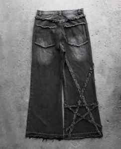 Jeans évasés empilés en denim noir ciré respirant, style streetwear, pour homme, hiver/printemps, brodés, taille haute - Product Image 5