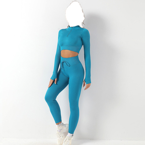 Conjunto de yoga acanalado de 5 piezas para mujer: sujetador deportivo de cintura alta, chaqueta con cremallera, leggings de longitud completa, ropa deportiva transpirable - Product Image 4