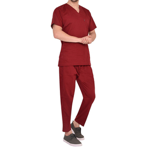 Men's Red Scrub Set Cotton Polyester Woven Hospital Uniforms V-Neck <b>Top</b> Pants for Medical Use - Product Image 1