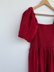 Women Burgundy Smocked Cotton Maxi Dress Square Neck Puff Sleeve Tiered Solid <b>Summer</b> Wholesale - Product Image 3