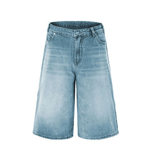 Shorts en jean vintage pour homme, taille mi-haute, style streetwear, coupe droite, respirant, 100% coton, délavage clair - Product Image 1