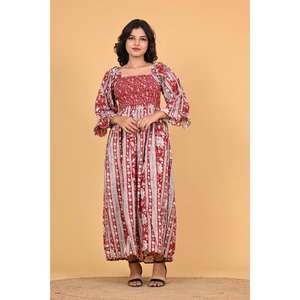 Robe longue maxi bohème 100% coton imprimé au bloc, écologique, pour femme, smockée, style indien, idéale pour les fêtes estivales - Product Image 1