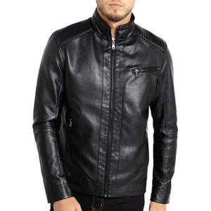 Chaqueta de cuero genuino con cremallera para hombre, abrigo de invierno con logo frontal, cuello mandarín, estilo casual ajustado. - Product Image 1