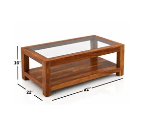 Modern Solid Wood <b>Coffee</b> <b>Table</b> with Glass Top | 2-Tier Wooden Center <b>Table</b> | Jodhpur Export - Product Image 2