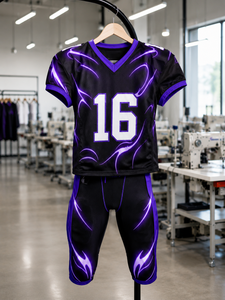 Nuevo Diseño Personalizado de Uniforme de Fútbol Americano para Hombre, Negro y Morado, Impresión por Sublimación, Conjunto de Pantalones y Jersey de Poliéster Transpirable, Número 16 - Product Image 5