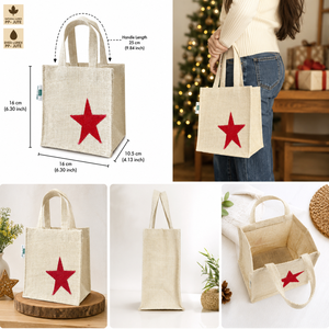 Bolsa de Regalo de Yute Navideña Personalizada, Bolsa de Mano Roja con Estrella de Lurex, 16x16x10.5 cm, Reutilizable, Venta al por Mayor, Fabricante OEM ODM, Exportador de Marca Privada - Product Image 5