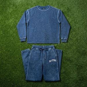 Men Blue Washed Crewneck Sweatshirt <b>Jogger</b> Pants <b>Set</b> Casual Streetwear <b>Matching</b> Clothes Custom Logo - Product Image 5