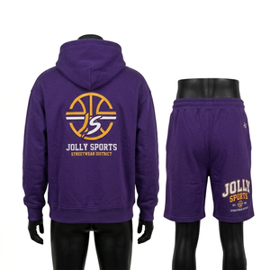 ชุดเซ็ตเสื้อฮู้ดดี้และกางเกงขาสั้นผ้าฝ้ายฟลีซคุณภาพพรีเมียม สีม่วงเข้ม สัมผัสนุ่ม พร้อมปักโลโก้ตามสั่ง สำหรับผู้ชาย - Product Image 4