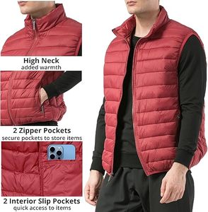 Gilet matelassé sans manches zippé couleur bordeaux uni, ultra fin, chaud et léger, en duvet, imperméable pour homme - Product Image 4