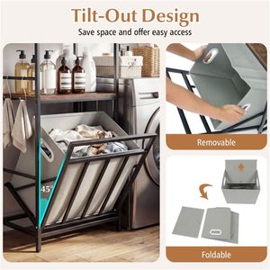 Cesto Portabiancheria Ribaltabile Nero Rustico Marrone a Doppio Livello con 4 Ganci a S in Rattan, Bambù, Legno Ingegnerizzato e Metallo per Bagno - Product Image 5
