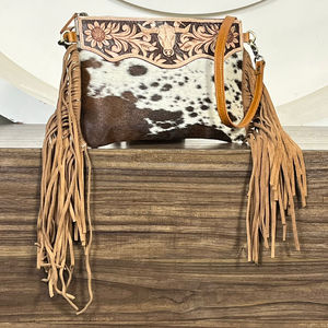 Premium New Hot Selling Handcrafted Genuine Cowhide <b>Leather</b> Fringe Sling Bag Floral <b>Tooled</b> Fashionable Perfect For Women's - Product Image 4
