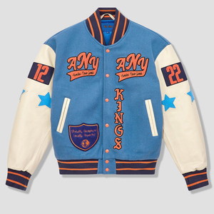 Blouson universitaire homme noir et orange en velours côtelé polyester/coton, col rabattu, style preppy, simple boutonnage, coupe droite - Product Image 1