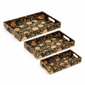 REHMAN CRAFT Juego de 3 bandejas de servir rectangulares modernas de MDF negro y dorado con diseño floral y asas recortadas para bodas, Ramadán, aniversarios - Product Image 3