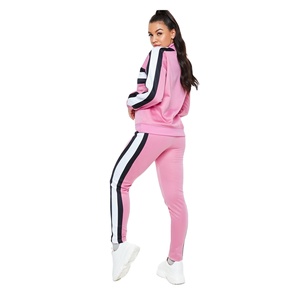 Women <b>Pink</b> Striped <b>Tracksuit</b> Set Full Sleeve Quarter-Zip Sporty Casual Wear With Side Pockets Regular Fit Autumn Season - Product Image 3