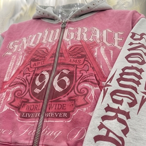 Snowgrace Hooded Zip-Up <b>Sweatshirt</b> <b>Pink</b> White Oversized Crop Fit Streetwear Unisex Print Front Logo - Product Image 5