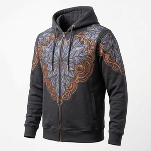 Sudadera con capucha para hombre, negra, con estampado geométrico, cierre de cremallera, corte regular, informal, para otoño, con estampado por sublimación, tejido de punto - Product Image 3