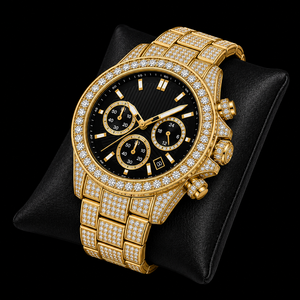 Reloj Cronógrafo con Incrustaciones de Diamantes, Esfera Negra, Brazalete de Diamantes, Diseño de Lujo para Hombre - Product Image 1