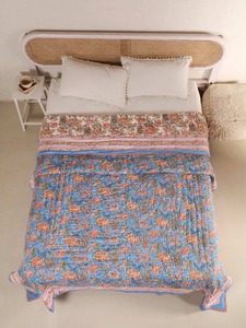Bohemian Printed <b>Quilt</b> Blue Floral Pattern Handmade Cotton All-Season <b>Bedding</b> Set - Product Image 4