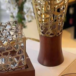 Brûleur d'encens Bakhoor moderne en métal avec base en bois, design géométrique découpé, Mabkhara - Product Image 4