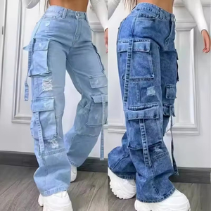 Pantalones Cargo de Cintura Alta para Hombre, Color Azul Claro, con Múltiples Bolsillos, Estilo Workwear, Lavado a la Piedra, para Verano - Product Image 3