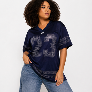 OEM Plus Size Luxury Rhinestone American Football Jersey Women Customize <b>Mesh</b> V Neck Oversized Sports Fashion Shirt Manufacturer - Product Image 1