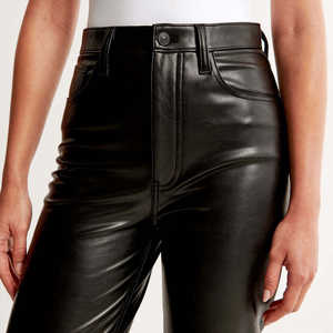 Pantalones de cuero de tiro alto para mujer, de pierna recta, estilo años 90, ajuste curvo, elásticos mate, cinco bolsillos, cierre de cremallera - Product Image 3