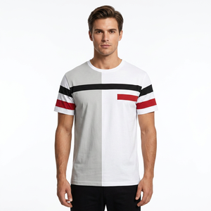 Men's Contrast <b>Trim</b> Color Blocked Short Sleeve O-Neck Front Casual T-Shirt Striped Pattern Breathable Regular Fit Knitted <b>Fabric</b> - Product Image 4