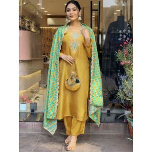 Salwar Kameez de Seda - Conjunto de Fiesta con Top, Pantalón y Dupatta con Bordado, Talla XS - Product Image 1