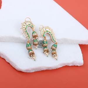 Rikita Mint Green Polki Designer Chandelier Earrings in Brass with Ruby and Emerald - Product Image 3