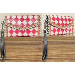 โรงงานขายส่งกระเป๋าคลัทช์หนังแท้ลายตารางสีชมพูขาวสำหรับผู้หญิง งานแฮนด์เมดสั่งทำได้ - Product Image 1