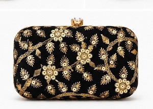 Elegant Black Velvet Clutch With Gold Floral Embroidery Magnetic Closure Women's Party Wedding Handbag - Product Image 6