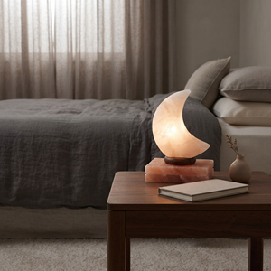 Lampe de sel de l'Himalaya faite à la main avec un design en forme de lune, cristaux roses naturels, support en bois décoratif et éclairage doux pour boutique de cadeaux - Product Image 3