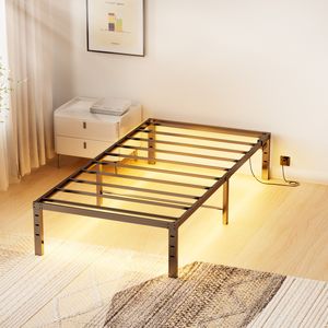 Letto a piattaforma in metallo nero dal design semplice, con porte USB-C integrate e luci LED, senza rete a molle, ideale per appartamenti - Product Image 1