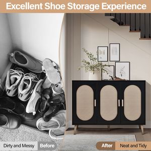 Meuble à chaussures vertical moderne 3 portes en panneaux de particules et rotin plastique, cadre noir, surface en rotin bois naturel, pieds hauts dorés - Product Image 3
