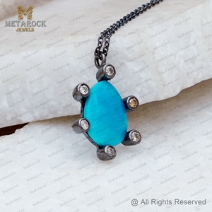 Collier pendentif en argent 925 oxydé avec diamant naturel serti clos et pierre précieuse turquoise, bijoux fins en gros - Product Image 6