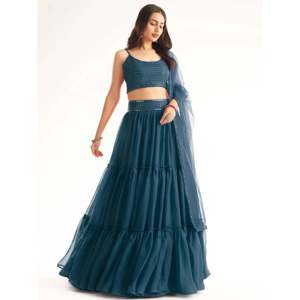Cocktail Dress Teal Blue Georgette Party Lehenga with <b>Sequins</b> Choli - Product Image 1