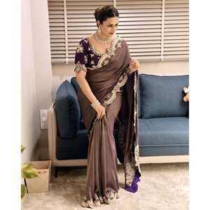 Saree de boda de diseñador con trabajo de bordado Zari para fiestas - Product Image 4