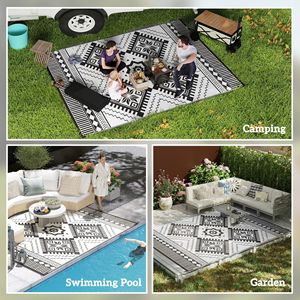Tappeto da Esterno Reversibile 9FT X 12FT Impermeabile Bianco e Nero con Motivo a Rombi Dentellati e Borsa per il Trasporto - Product Image 5