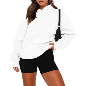 Sweat-shirt à capuche blanc surdimensionné pour femme, à épaules tombantes, manches longues, couleur unie, en fibre de bambou tricotée, longueur standard, respirant - Product Image 6
