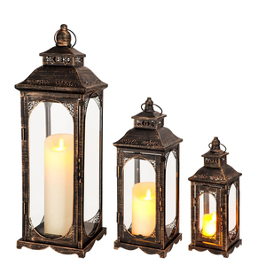 Brass <b>Lantern</b> <b>Set</b> with Glass Panels Flameless Candle Indoor Outdoor Home Decoration - Product Image 5