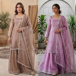 New Designer Party Wear Look Stylish Plazzo Suit Fendy Silk Material with Work <b>lace</b> Border and <b>Elastic</b> in - Product Image 1