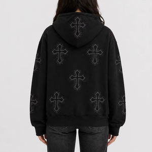 Sudadera con capucha de otoño con cremallera y cruz de diamantes de imitación, de alta calidad, estilo gótico, unisex, streetwear, con logotipo bordado personalizado, colores OEM/ODM - Product Image 5