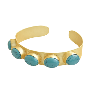 Bracelet manchette en laiton plaqué or 18 carats fait main, serti de pierres turquoise, motif géométrique, style vintage, bijoux de fiançailles pour femme - Product Image 2
