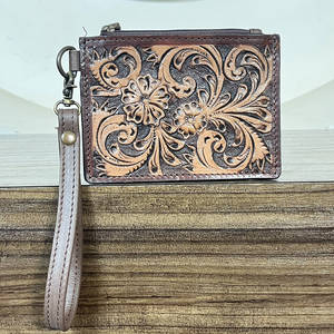 Artisan Western Floral Leather <b>Card</b> <b>Holder</b> Coin Purse Tooled Genuine Leather Wristlet <b>Wallet</b> Vintage Carved Zip Pouch <b>for</b> Unisex - Product Image 3