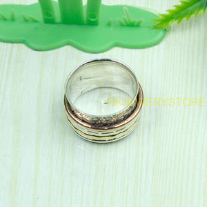 Anillo Giratorio Hecho a Mano de Plata de Ley 925, Latón y Cobre, Anillo Giratorio de Meditación, Anillo Boho Ancho para Aliviar la Ansiedad, Joyería Unisex, Regalo - Product Image 5